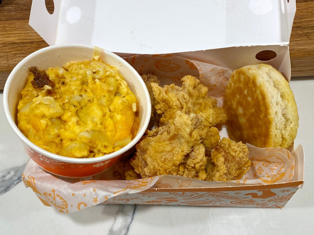 A three piece chicken tender Big Box meal from fast food fried chicken chain Popeyes.