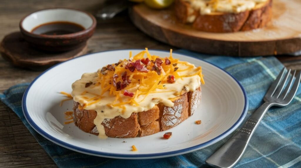 Welsh Rarebit: Savory melted cheese sauce flavored with ale or mustard, served on toast for a comforting meal.
