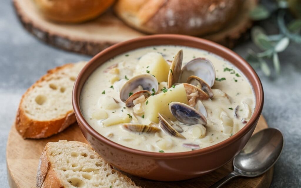 Creamy chowder in a soup bowl with oyster crackers and clamshell on the table.