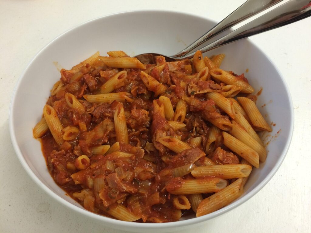 Pasta casserole made with leftover noodles and sauce.
