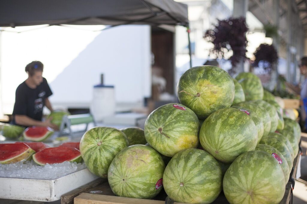 Watermelon displayed at a farmer’s market during peak season.
