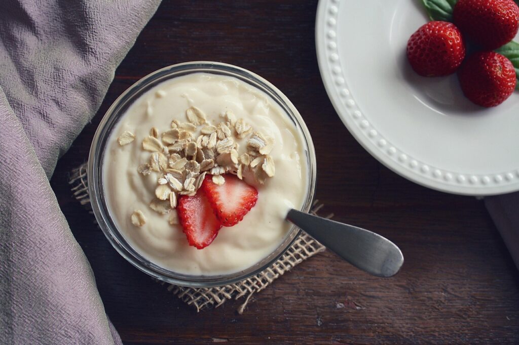 Yogurt, Strawberries, Food image.