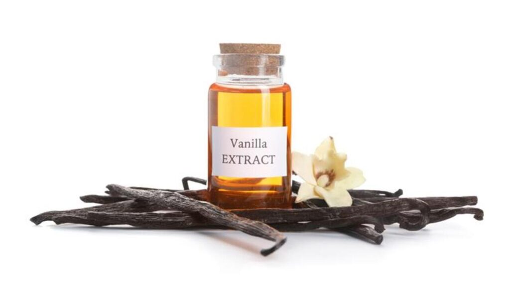 Bottle of vanilla extract on white background