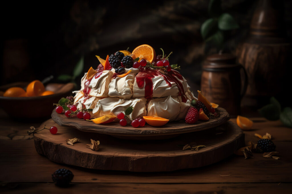 Meringue Pavlova with fresh berries on a wooden background