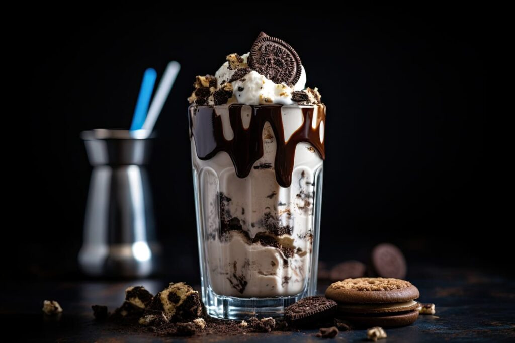 A delectable chocolate cocktail infused with cookies and cream, resembling a Mudslide. This delightf