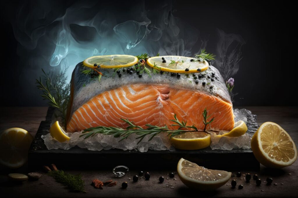A salmon fillet on a wooden board, with smoke swirling around.