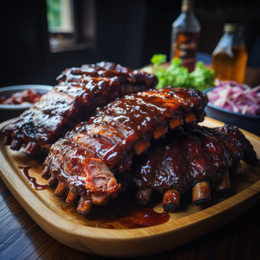 juicy grilled barbecue ribs with sauce on a wooden plate, selective focus