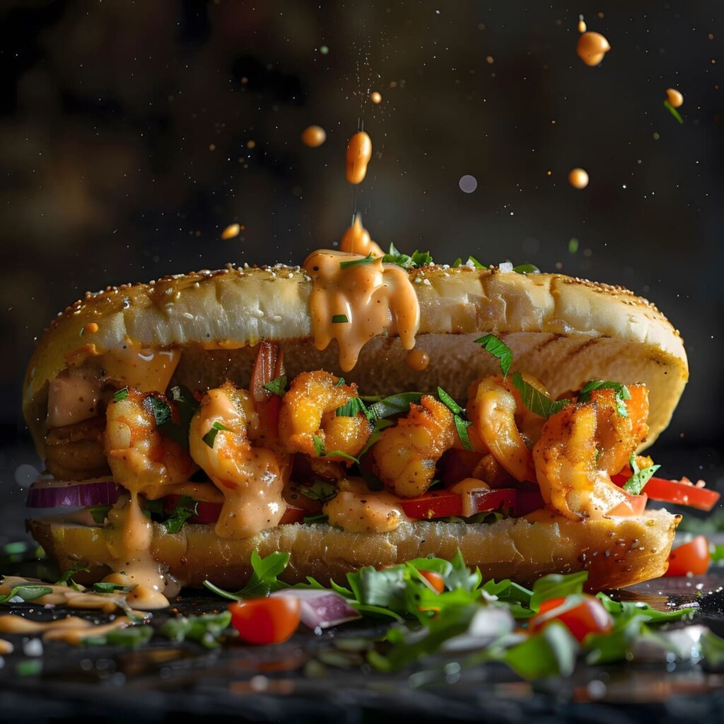 A mouthwatering shrimp sandwich with sauce,