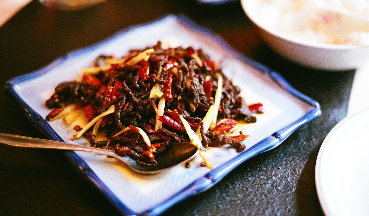 Beef with chili crunch or crisp
