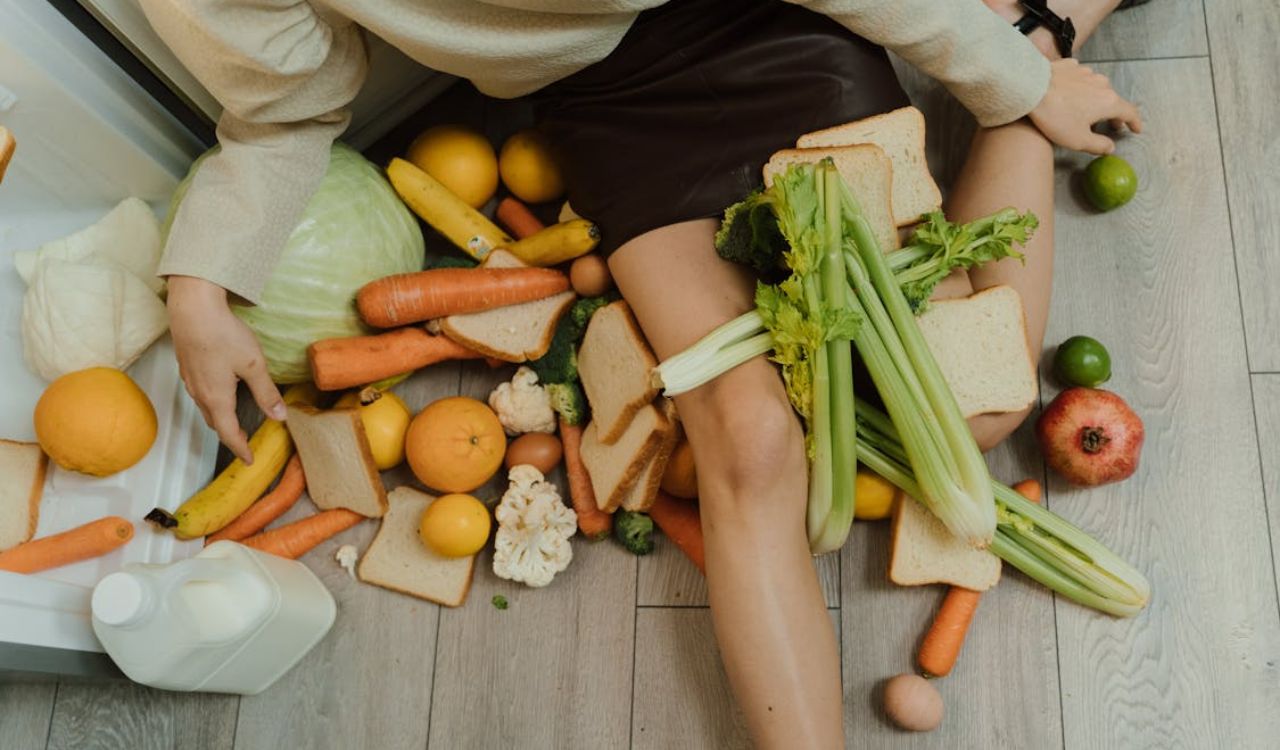 Bread, fresh produce, eggs on floor