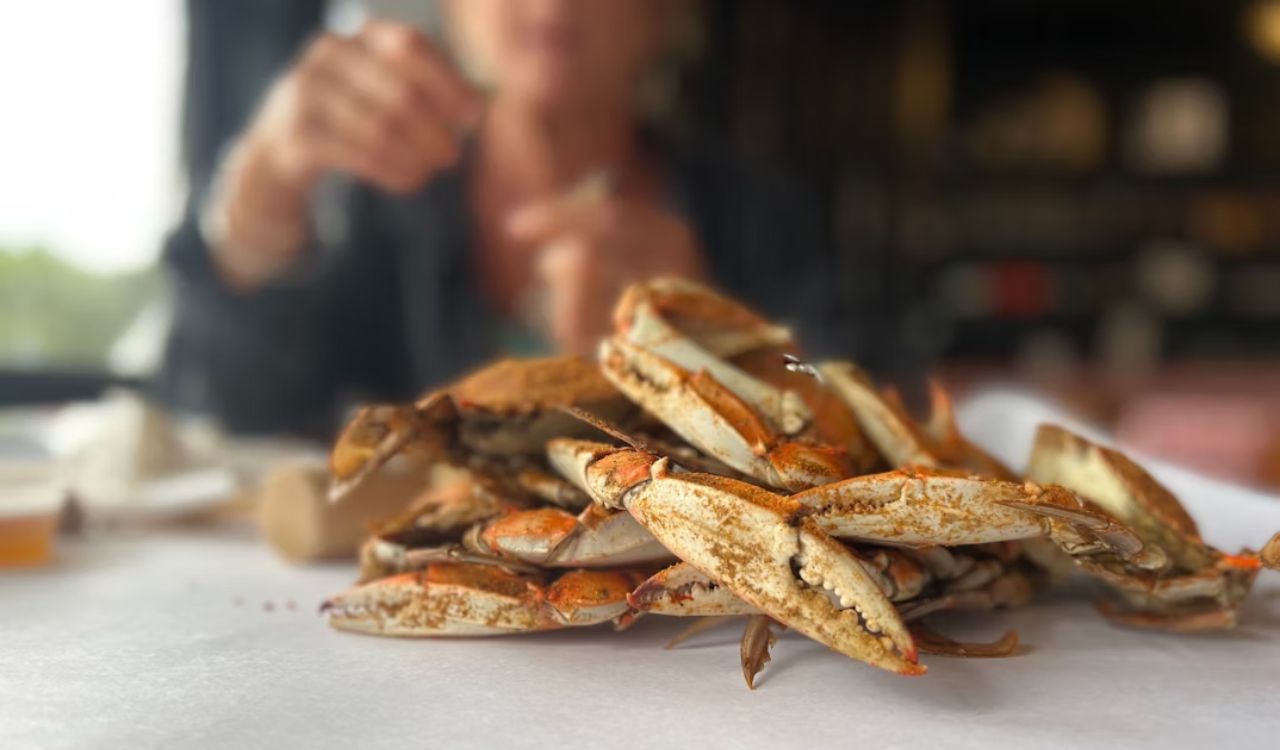 Eating crab at a restaurant