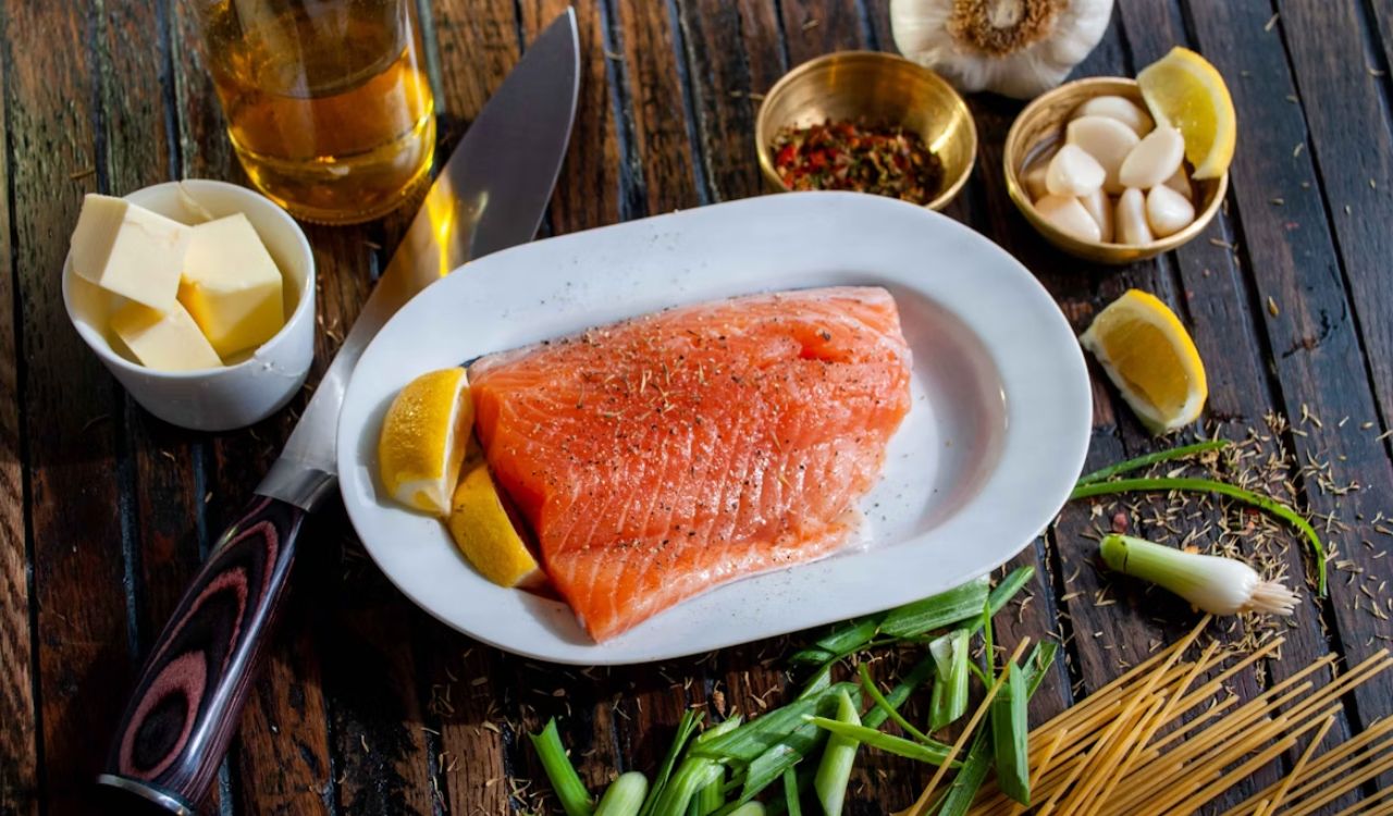 Raw salmon and ingredients