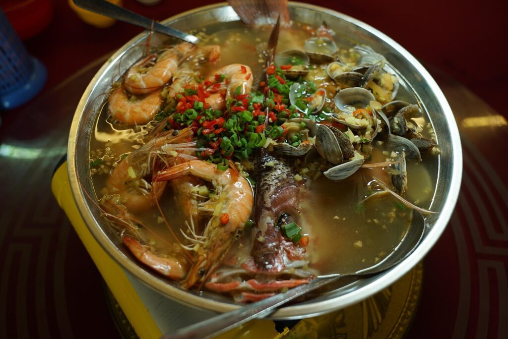 A pot of steamed mussels