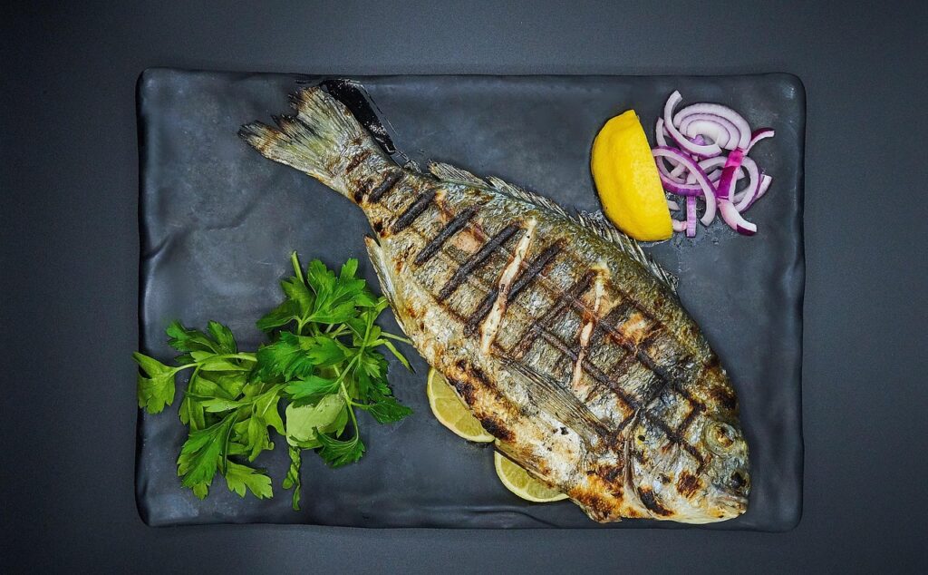 A light entrée of grilled fish with a small side salad, plated simply with lemon slices.