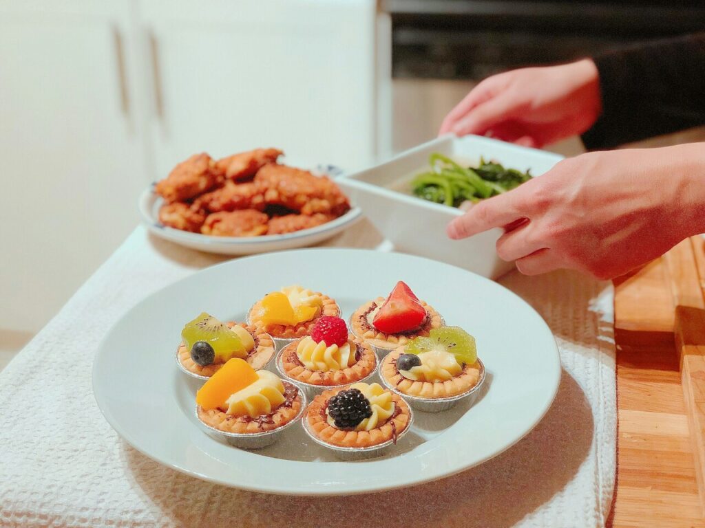 A tray of bite-sized hors d’oeuvres,