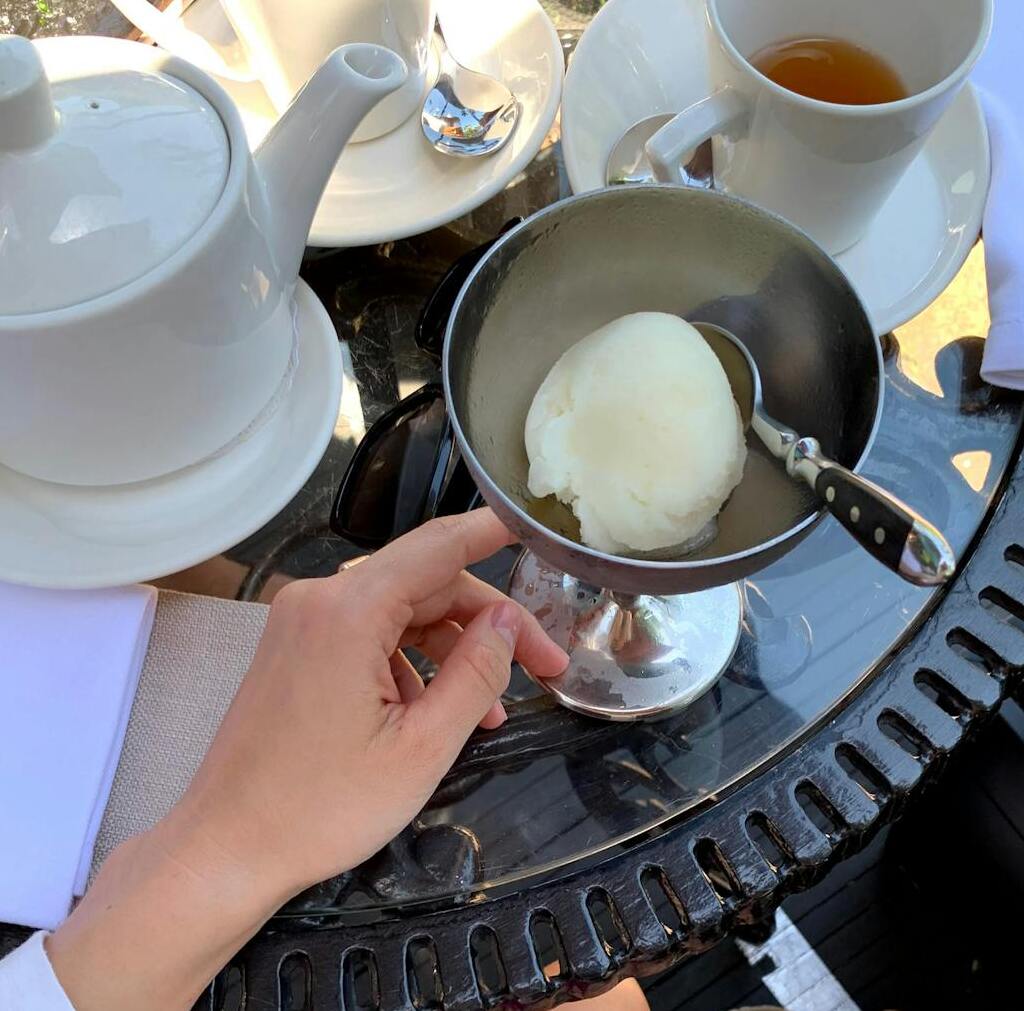 The refined tea set, the silver dish with a single scoop