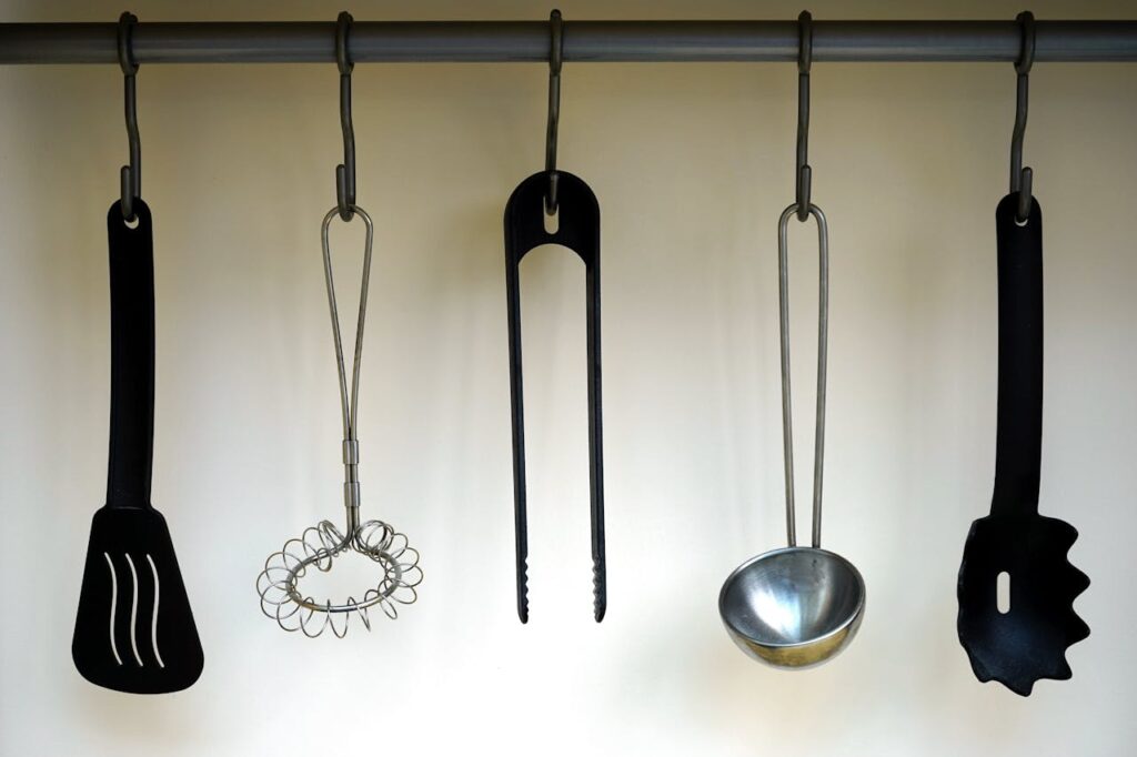 ceiling hooks and rails in kitchen