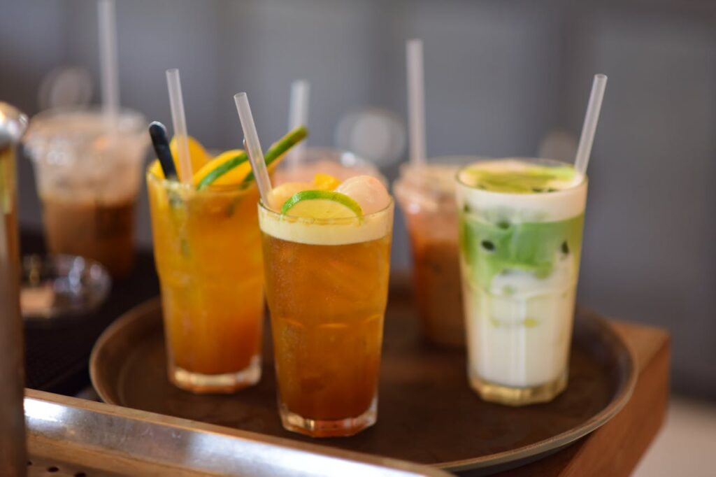Assorted Refreshing Iced Beverages on a Tray
