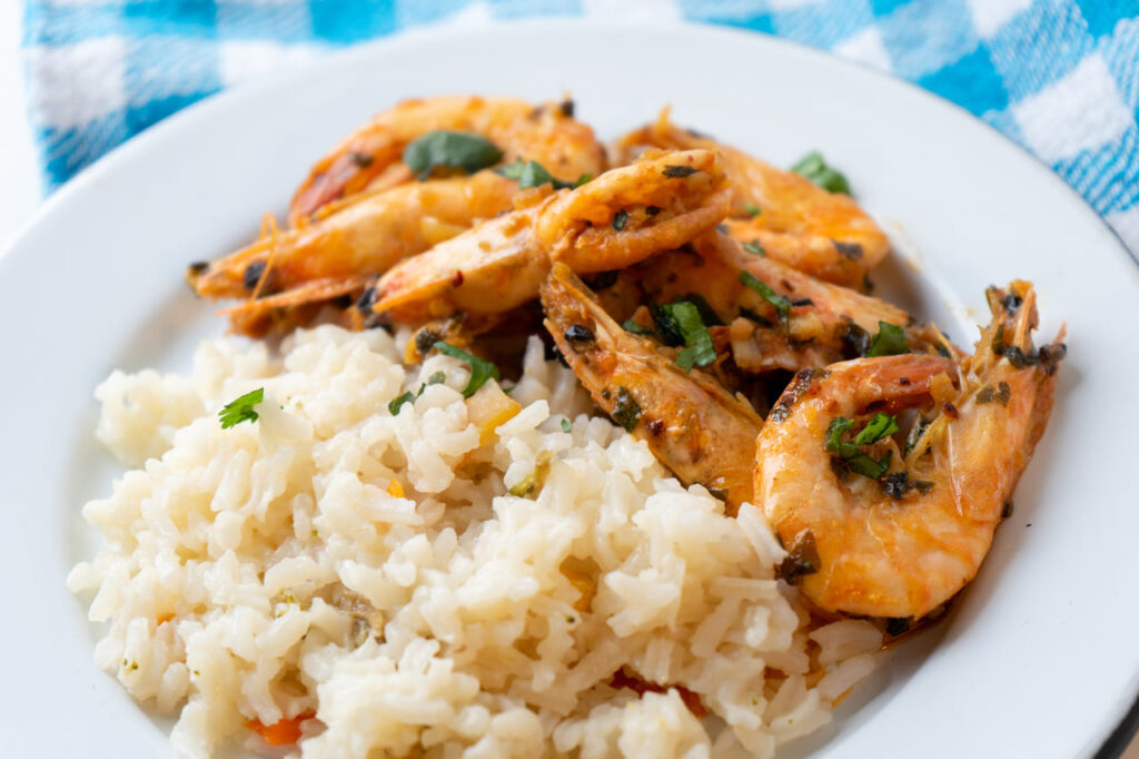 Traditional garlic shrimp also called "al ajillo" with rice