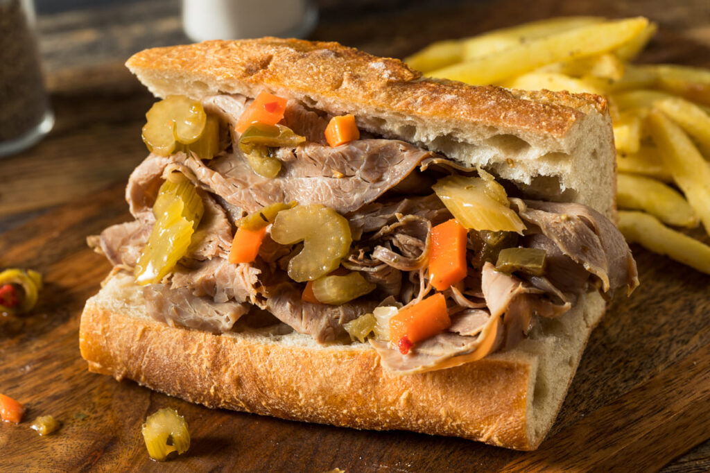Homemade Chicago Italian Beef Sandwich with Giardanarra and Fries