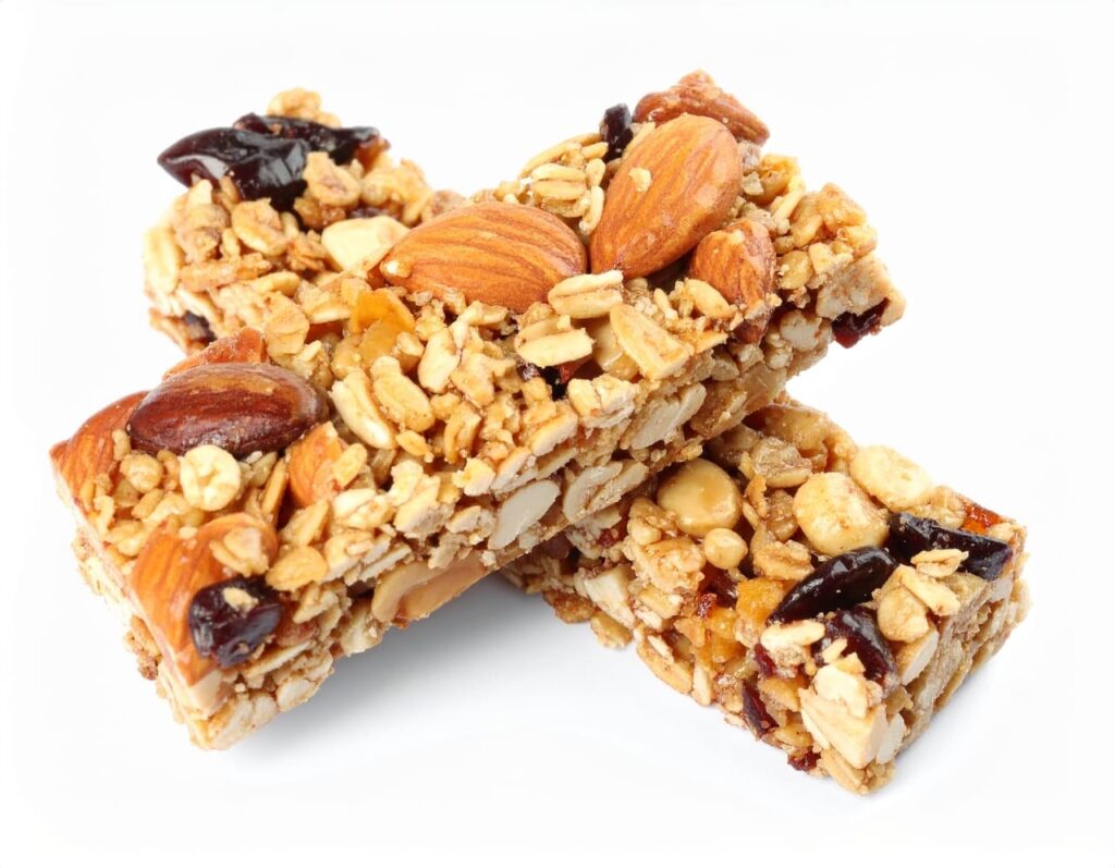 Two delicious granola bars with almonds, oats, and dried cranberries, isolated on a white background.
