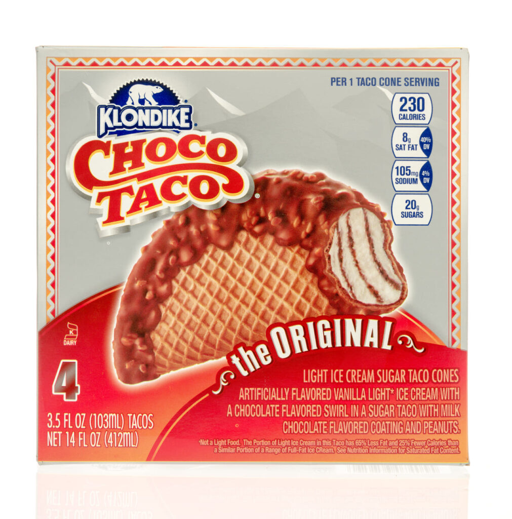 Box of Klondike choco taco ice cream on an isolated background.