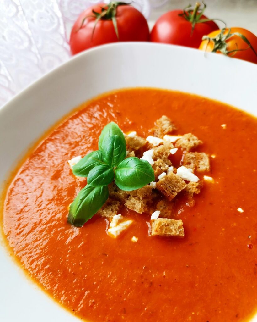 Creamy Tomato Sou with Grilled Cheese Croutons