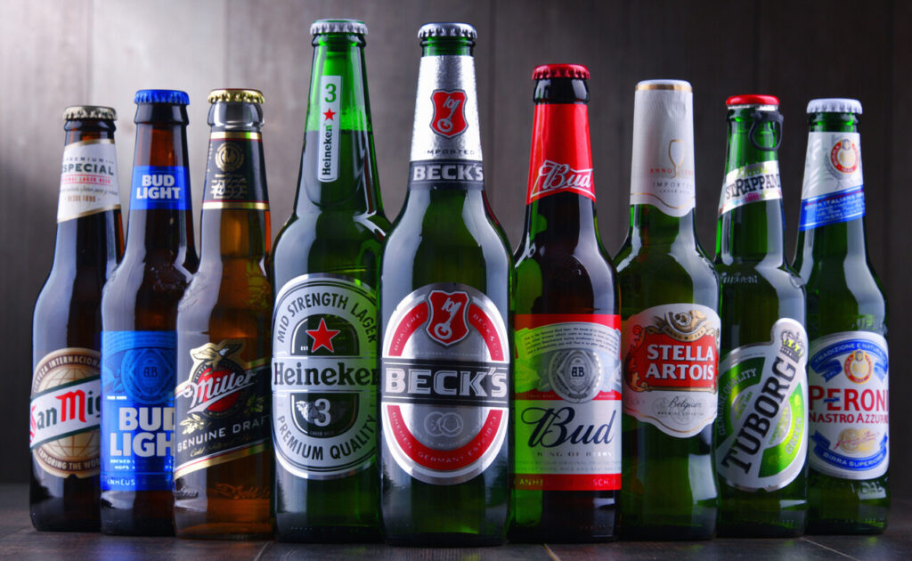 Bottles of famous global beer brands