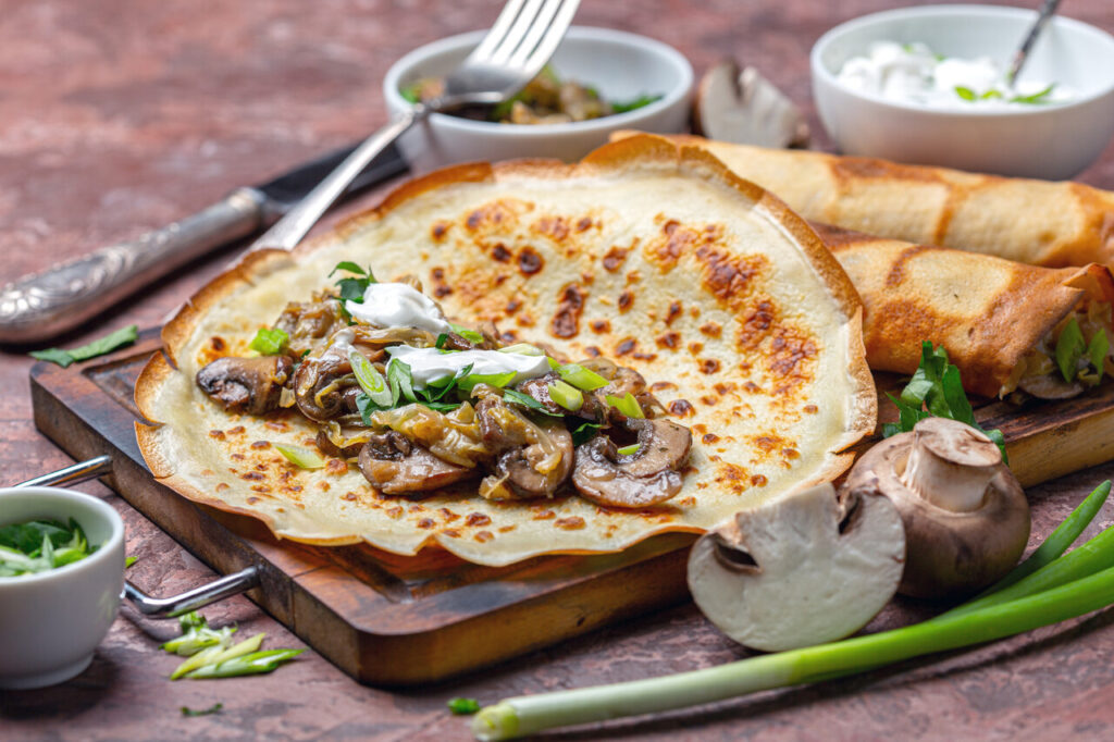 Buttermilk Pancakes with Savory Mushroom Gravy