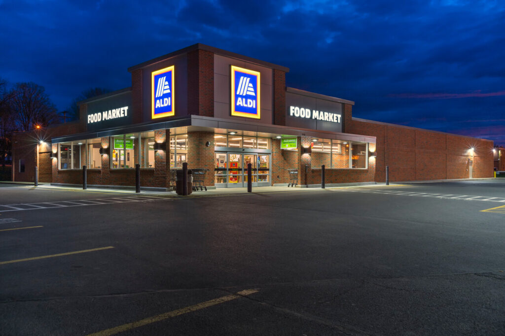Aldi grocery store. Aldi is a global discount supermarket chain based in Germany.