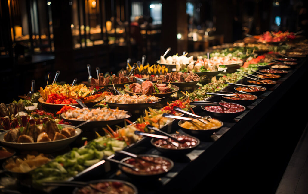 catering buffet food indoor in luxury restaurant with meat and vegetables