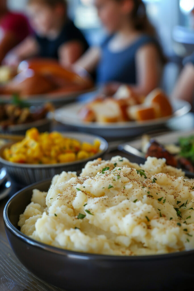 Bowl Overflowing With Creamy Mashed Potatoes With Giblet Gravy, Part Of Thanksgiving Feast.
