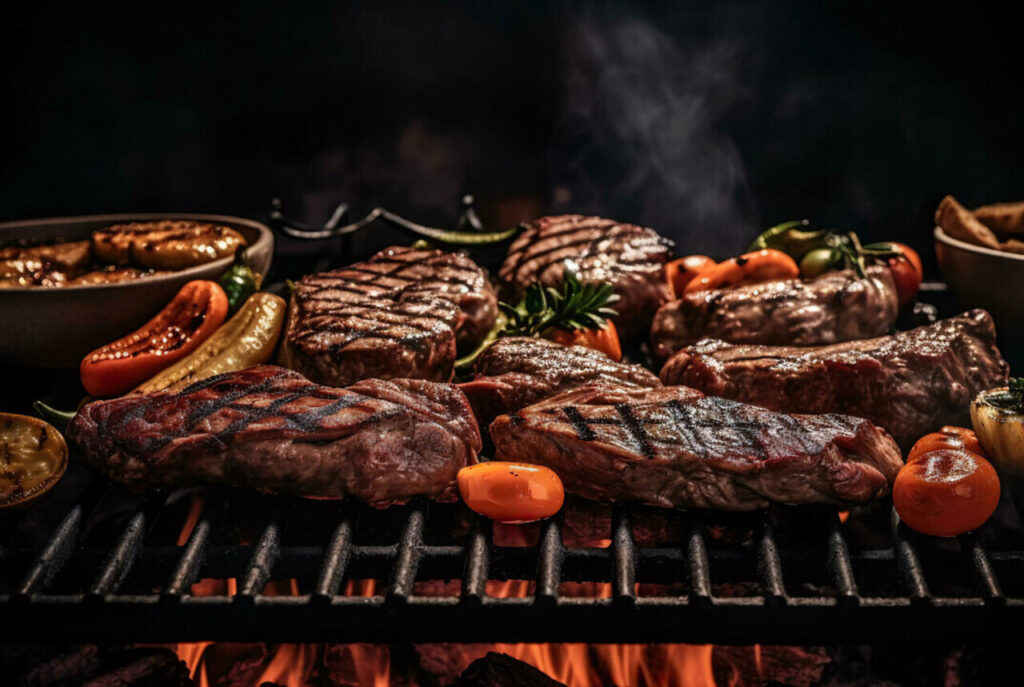 a Texas-style smoker with international spices and ingredients laid out on a rustic table.