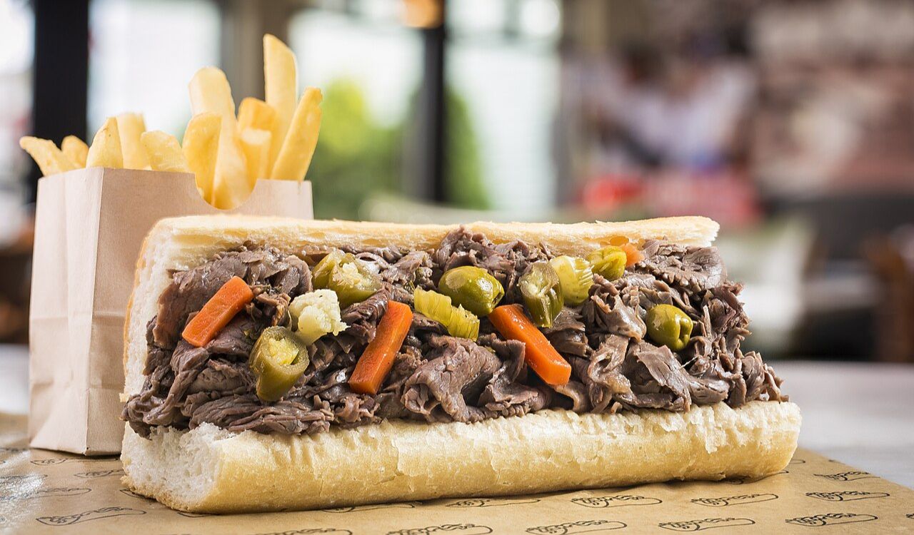 Beef sandwich and fries