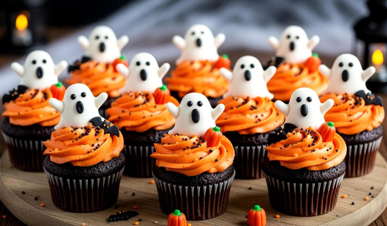 Black velvet cupcake with orange frosting