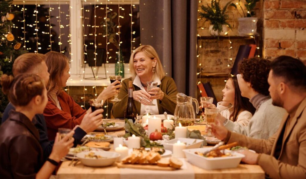 Chatting while eating dinner