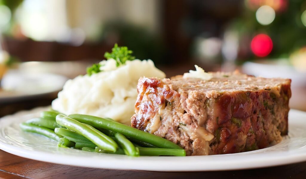 Meatloaf with beans and mashed potato