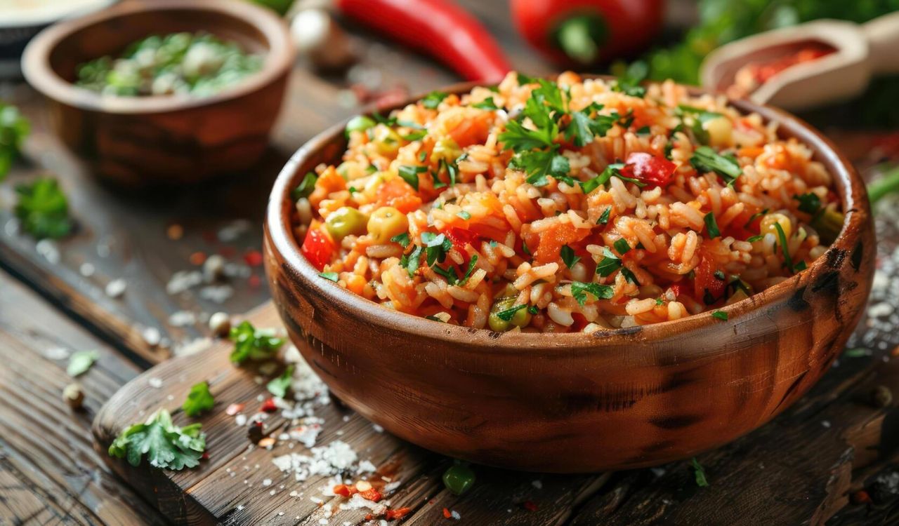 Mexican rice in a wooden bowl