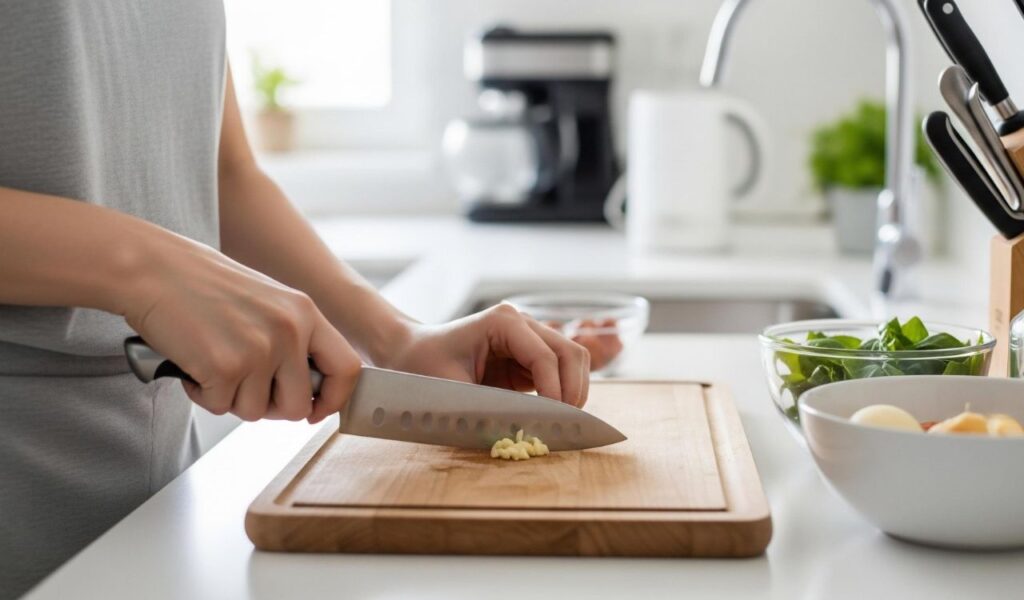 Person chopping garlic on wooden cutting board