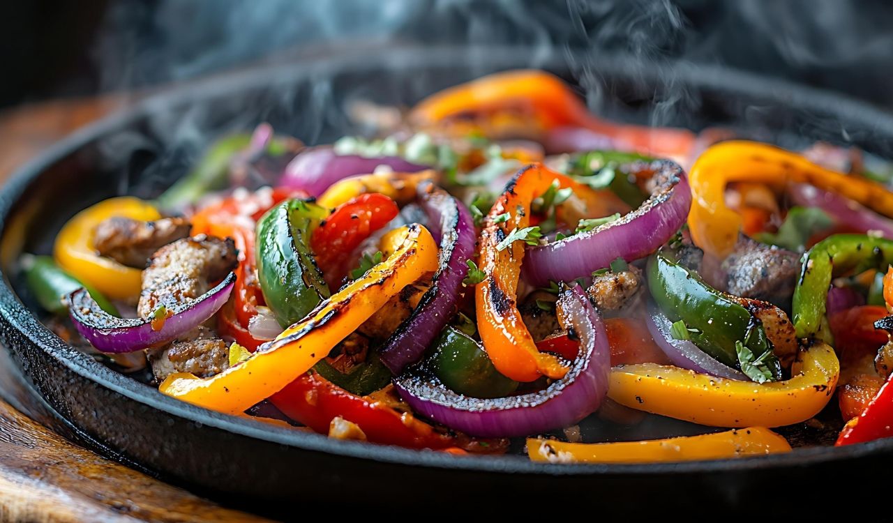Sizzling fajitas- red onions and bell peppers