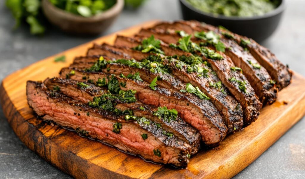 Skirt steak on wooden board
