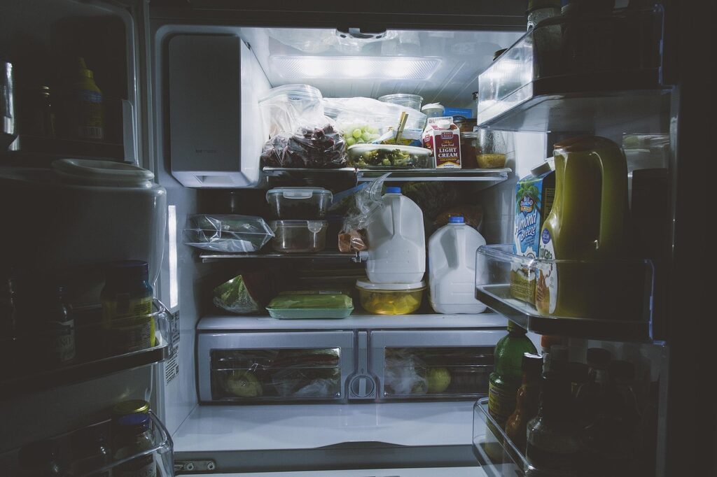 A tidy, well-lit fridge interior showing organized shelves.