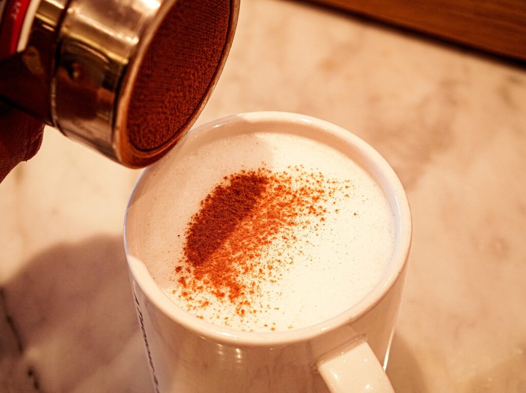 Coffee with cinnamon or chocolate powder sprinkled on top.