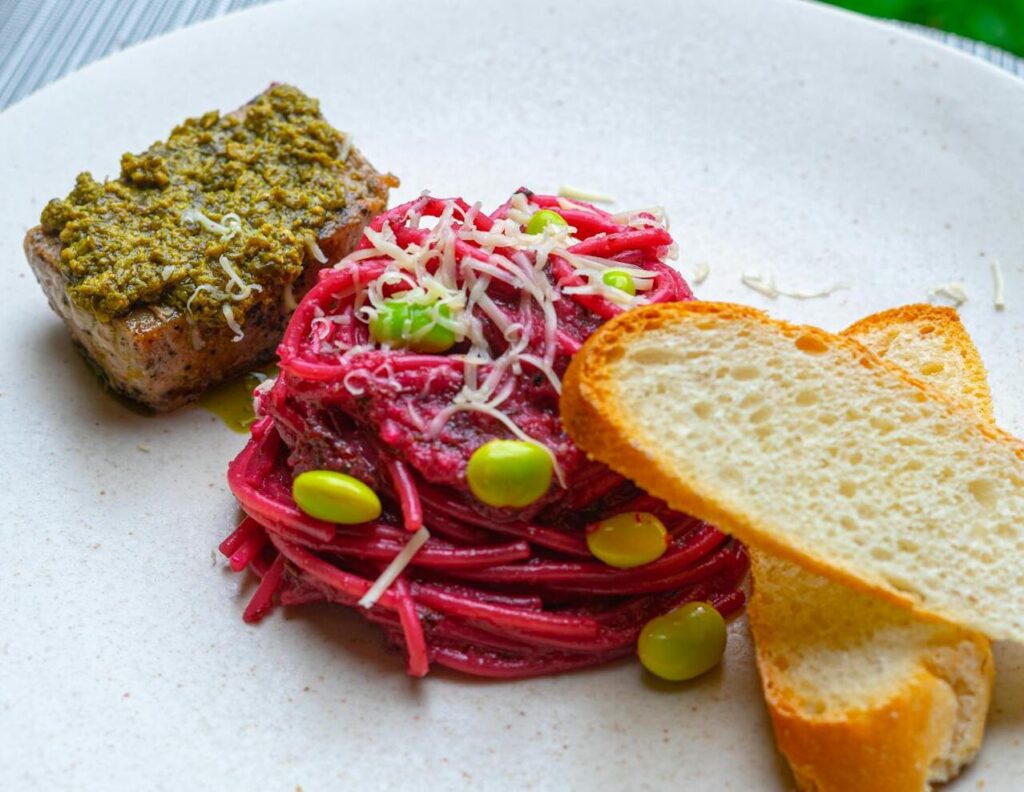 Beet Pasta with Garlic and Olive Oil