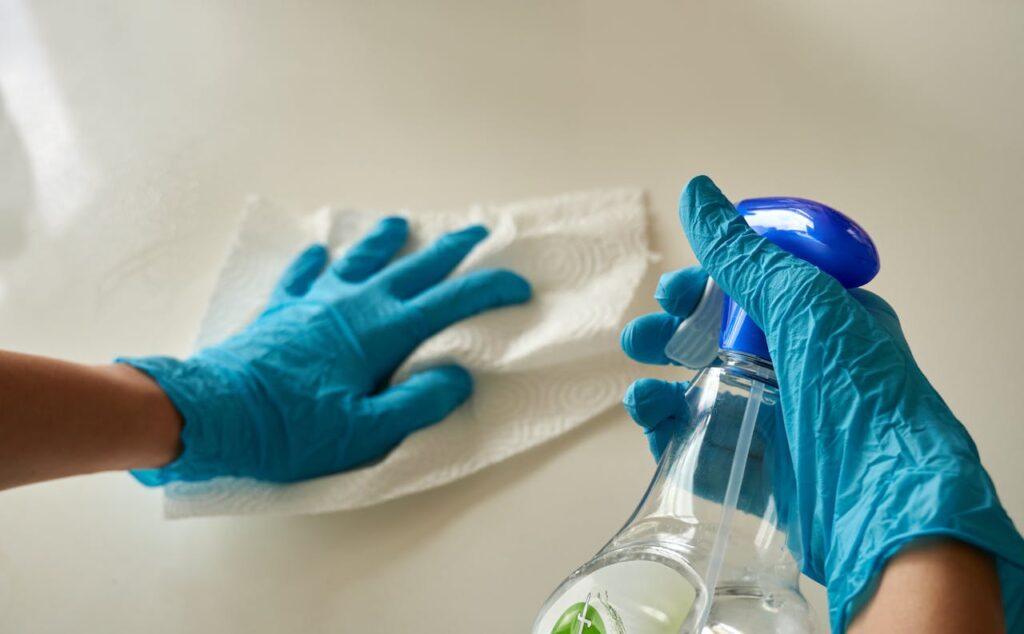 A close-up of hands using a spray bottle and towel to clean a surface.