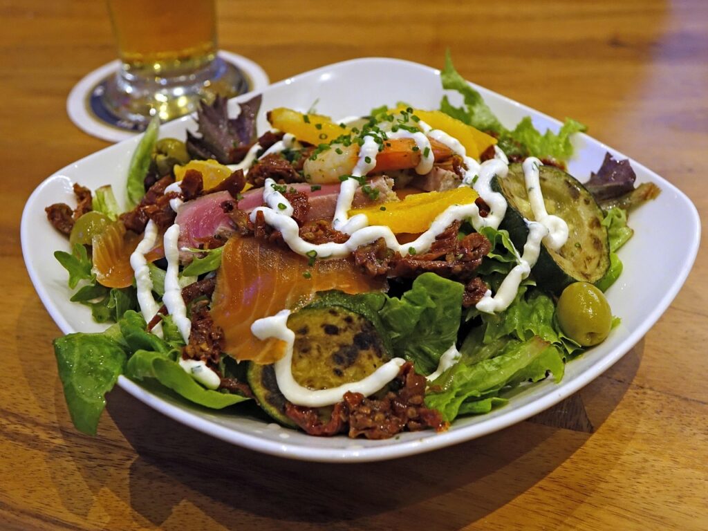 Salad, Vegetables, Smoked salmon image.