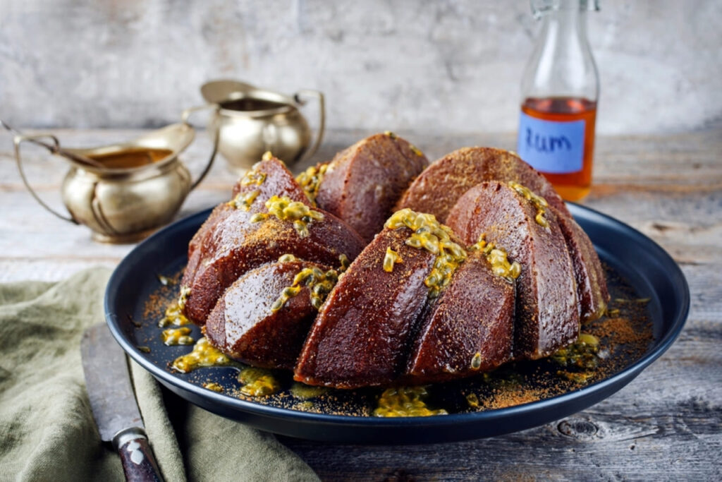 Exotically bundt marble passion fruit rum cake with icing sugar glaze, fresh fruit pulp topping and muscovado brown sugar served as close-up on a plate