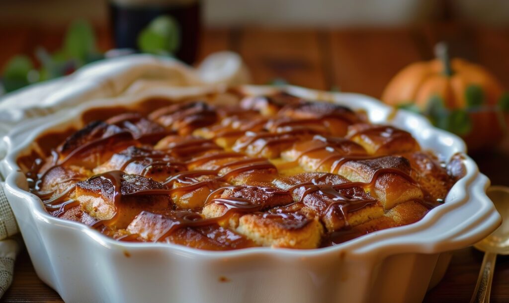 A pumpkin bread pudding with a caramel drizzle served in a baking dish