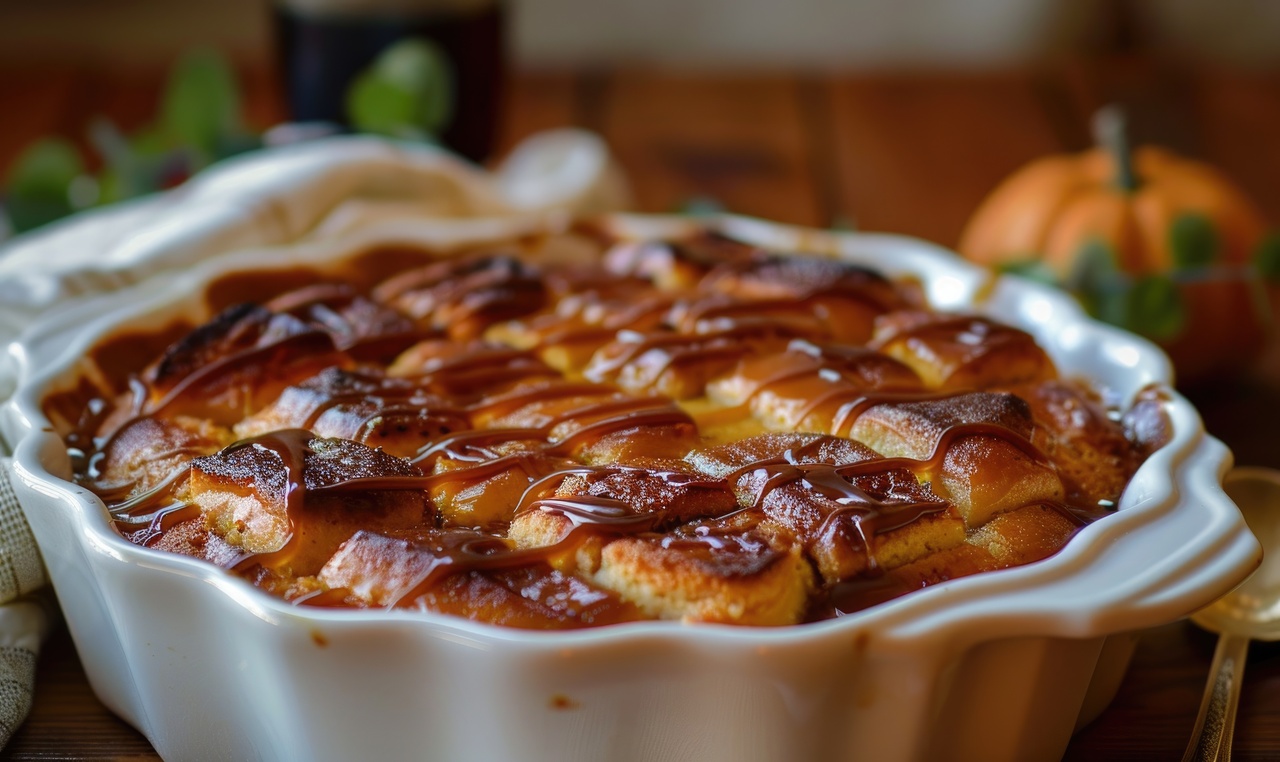 A pumpkin bread pudding with a caramel drizzle served in a baking dish