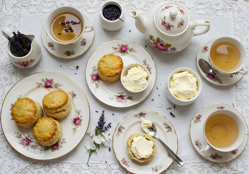 Afternoon tea spread with scones and cream